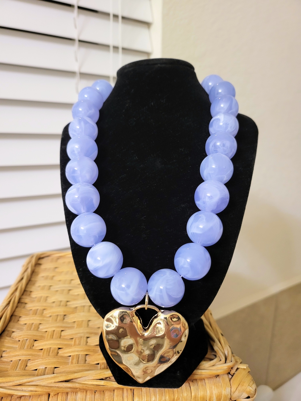 Women's Blue Swirl Resin Chunky Large Bead Balls Necklace with Metal Gold Heart